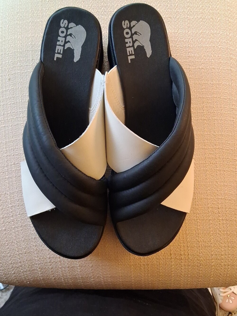 Sorel Two-Tone Black and White Padded Slide Sandals